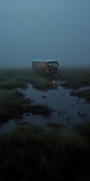 Photo un bus vide sur une zone humide brumeuse, un tournage cinématographique inspiré de sergei parajanov