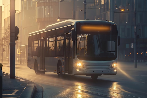 Bus de la ville à la lumière du matin avec la rue en arrière-plan