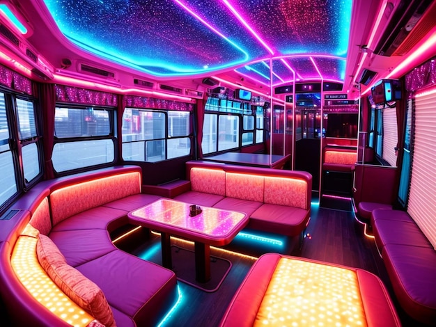 Un bus violet avec une table et des lumières dessus