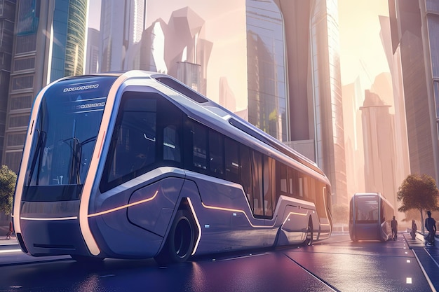 Bus voyageant à travers une ville futuriste avec des gratte-ciel en arrière-plan