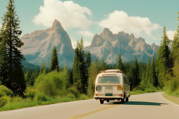 bus vw hippie sur la route paradisiaque des fleurs ciel galaxie