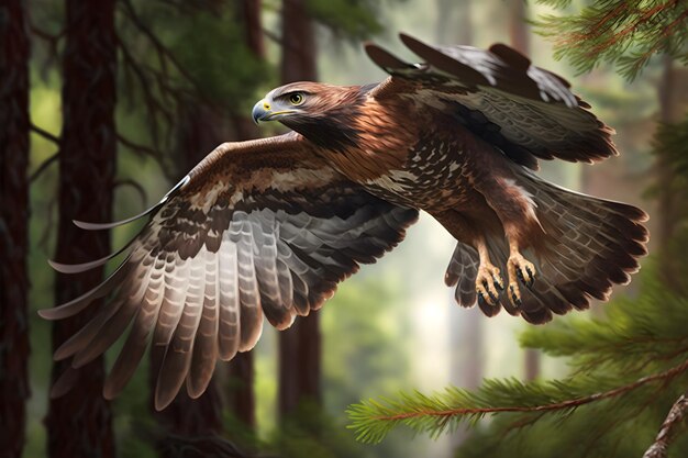 Buse capturée en vol sous un ciel bleu en forêt