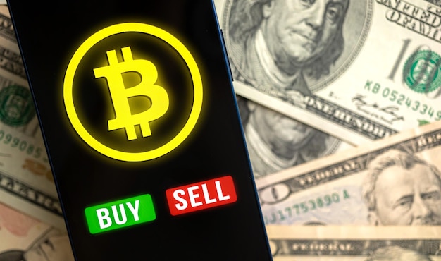 Business Bitcoin Trading Sur Téléphone Mobile Avec Application Dollars Billets Fond Investissement Photo Concept