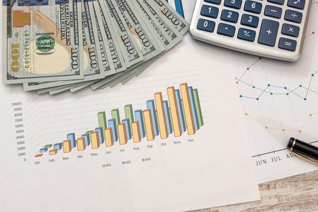 Business charts dollar stylo et calculatrice. Concept d'analyse de données financières