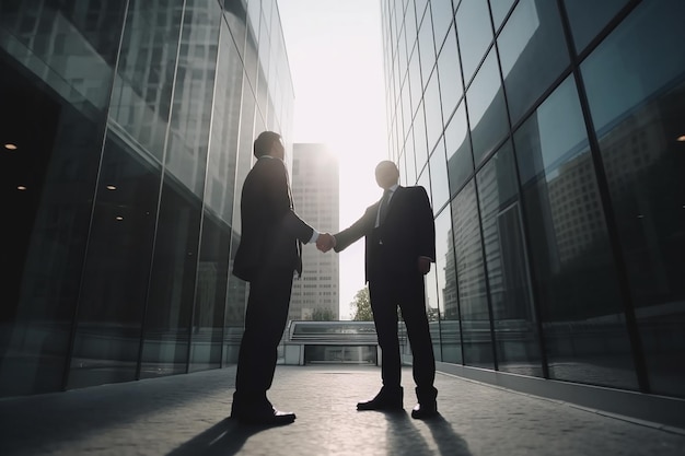 Business Deal Deux hommes d'affaires se serrant la main à l'extérieur dans une ville animée avec des rayons de soleil
