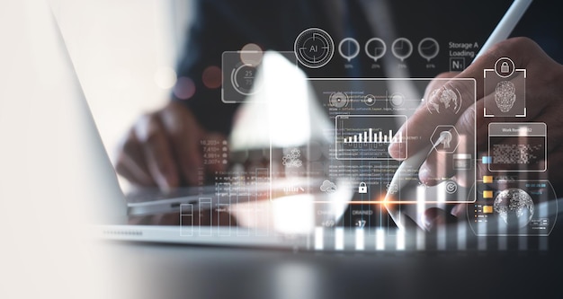 Business Intelligence Concept de technologie d'analyse de données Homme d'affaires utilisant la programmation de tablettes numériques avec IA tableau de bord d'ordinateur moderne et plan d'affaires et stratégie de réseau mondial de grandes données