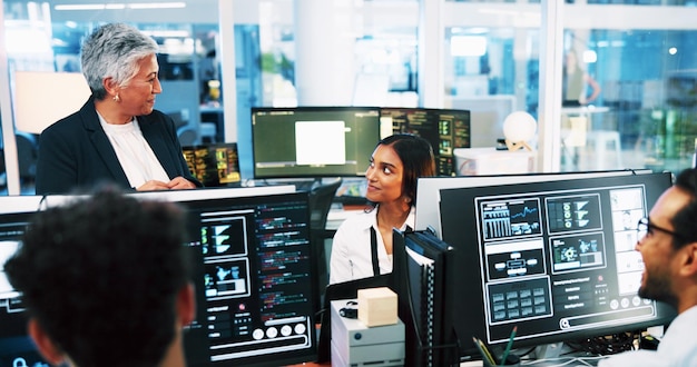 Business people computer or programming team with monitor for cybersecurity at office Group developer or coders with technology screen or display for online maintenance or software development
