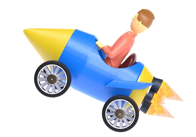 Businessman Flying with Rocket car Business concept carrière boost démarrage et croissance 3d render