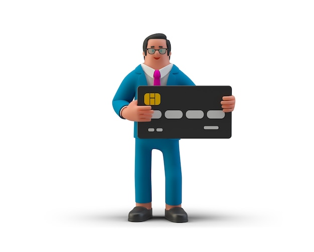Businessman Holding Bank Card isolé sur fond blanc 3D illustration. Collection de personnes en 3D