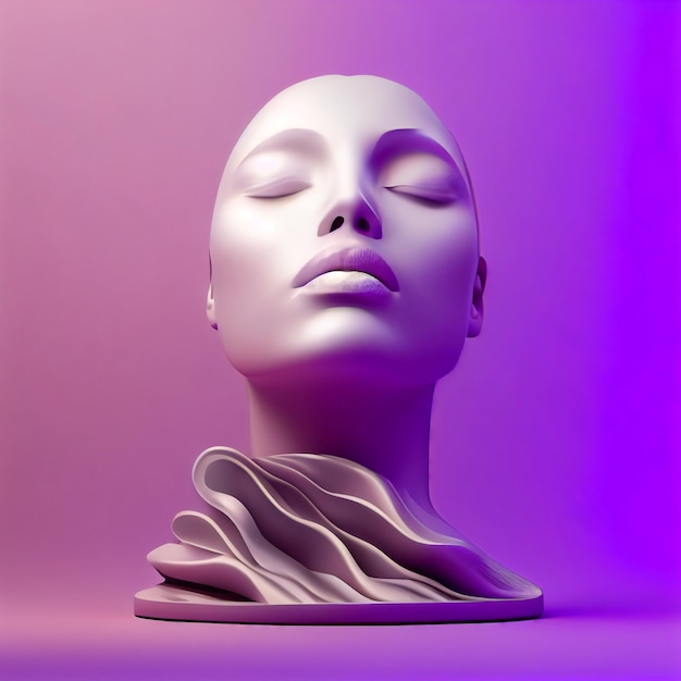 Un buste blanc de femme aux yeux fermés sur fond violet et rose.