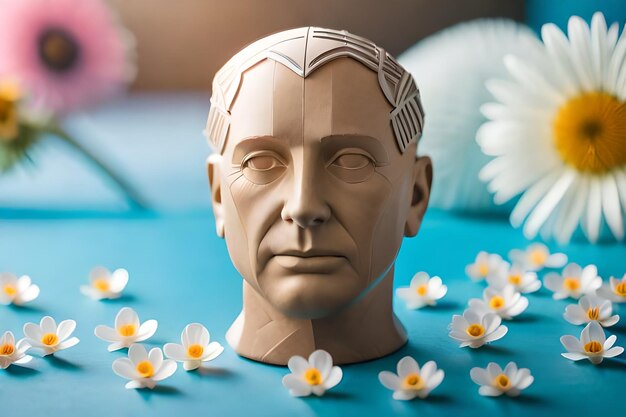 un buste d'un homme avec des fleurs et une fleur en arrière-plan