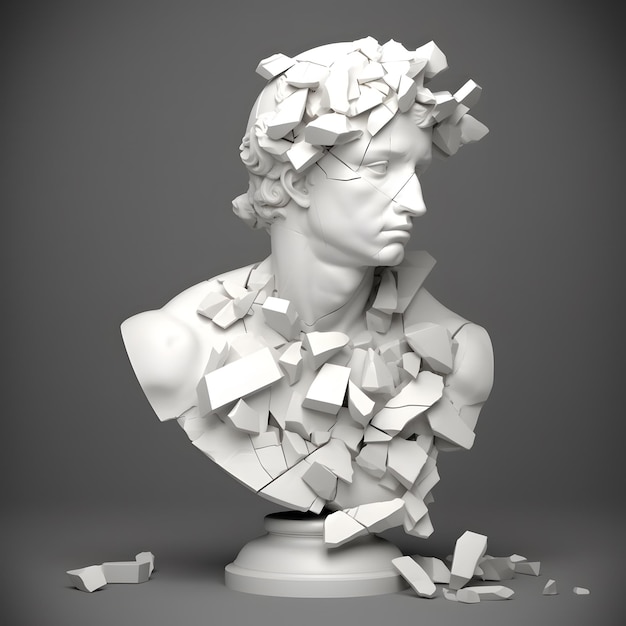 Buste en marbre blanc de style 3D de la sculpture classique masculine brisée en gros morceaux et en minuscules fragments isolés sur fond sombre éclairé Generative Ai