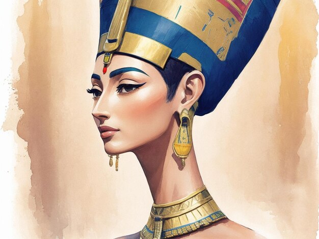 Photo buste de néfertiti reine égyptienne épouse du pharaon akhenaton aquarelle numérique