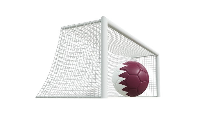 Photo but de football avec ballon aux couleurs du qatar à l'intérieur
