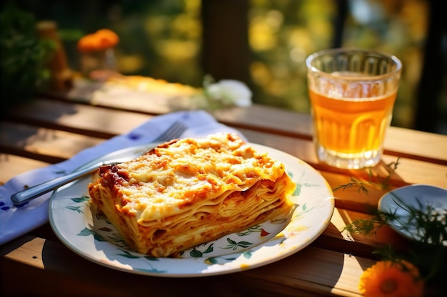 Photo butternut squash lasagne avec boisson gazeuse pour le déjeuner sur la table en bois et le jardin