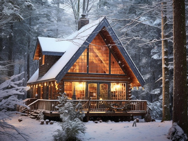 Cabane arpentée dans les bois avec un porche et un porche couvert