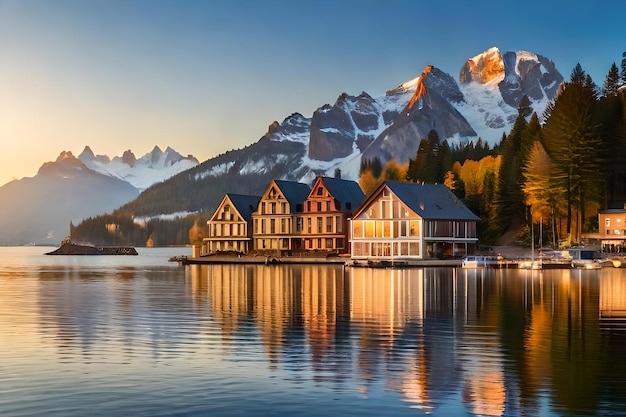 Une cabane au bord du lac au coucher du soleil