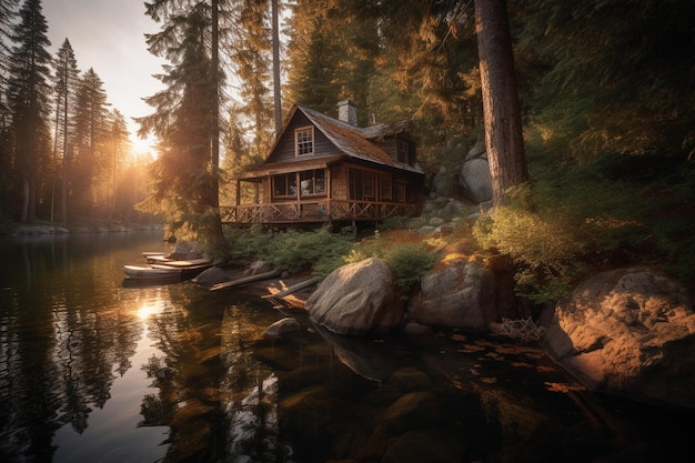 Une cabane au bord du lac dans les bois