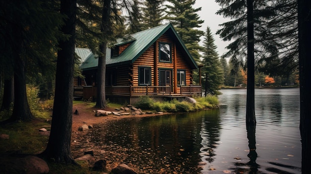 une cabane au bord du lac avec un toit vert