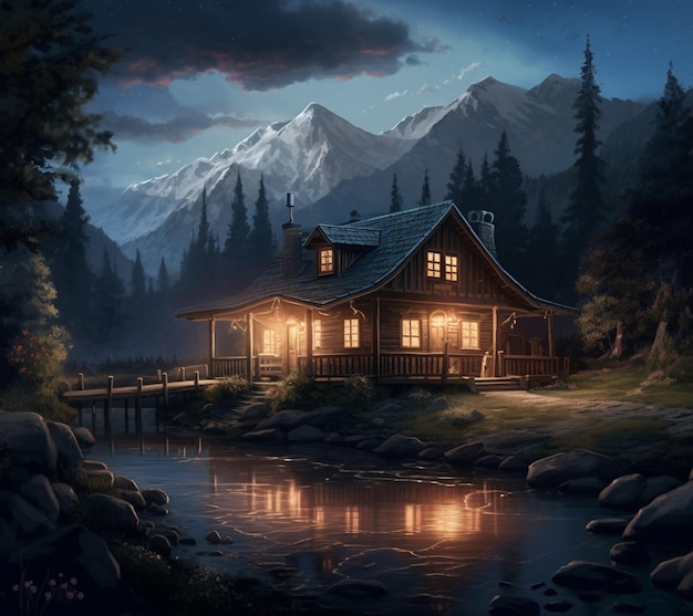 Une cabane au bord de la rivière la nuit