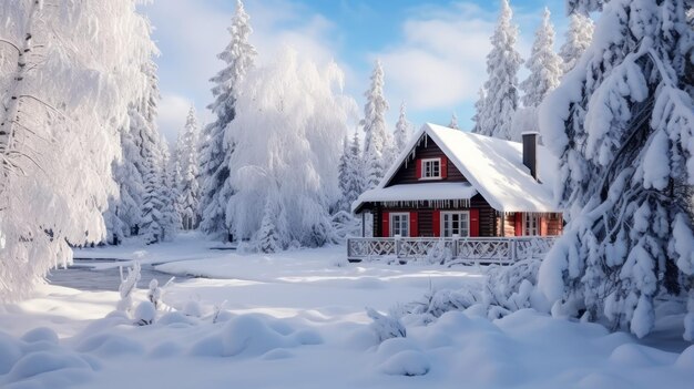 Une cabane au milieu d'une forêt enneigée