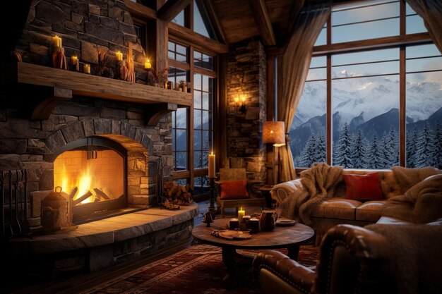 une cabane en bois confortable dans les montagnes entourée d'arbres et d'une cheminée rugissante