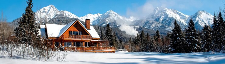 Photo cabane en bois confortable dans un paysage enneigé avec des montagnes en arrière-plan