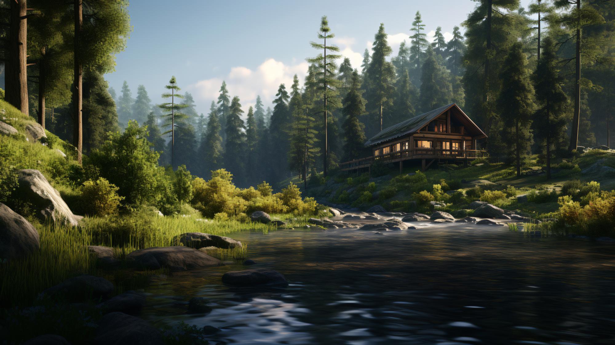 Une cabane en bois à côté d'une rivière au milieu de la forêt