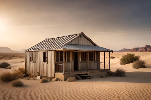 Une cabane en bois dans le désert avec le coucher de soleil derrière elle.