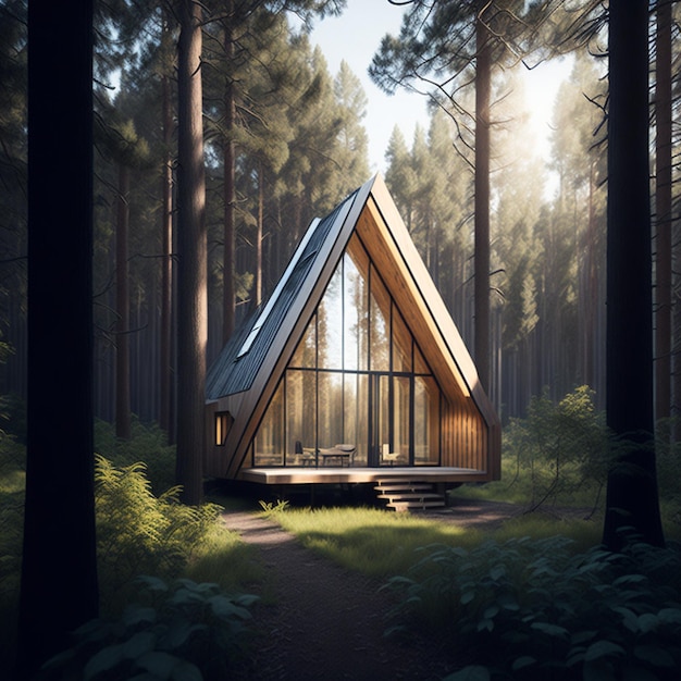 Une cabane en bois dans une forêt de chênes à l'éclairage volumétrique hyper réaliste de style Bauhaus