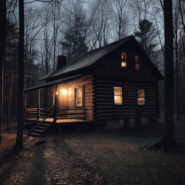 Cabane en bois dans la forêt avec des fenêtres éclairées la nuit créée à l'aide de la technologie générative ai