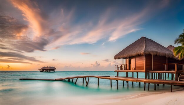 une cabane en bois sur l'eau avec un ciel en arrière-plan