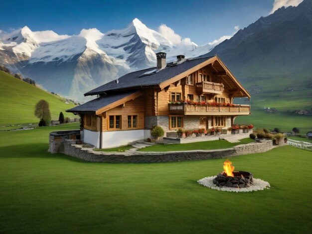 une cabane en bois avec un foyer et une fosse à feu à l'arrière-plan