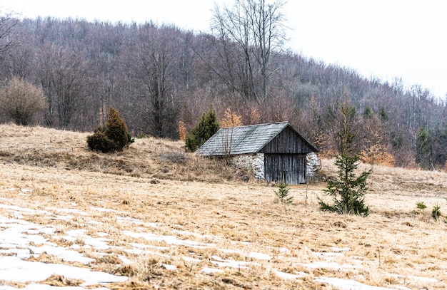 Cabane en bois de montagne à la fin de l'hiver au printemps