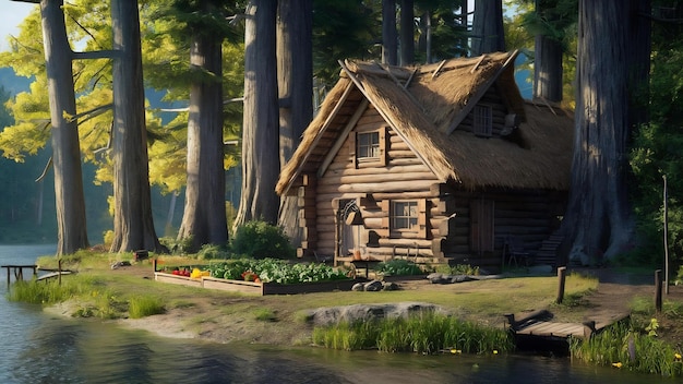 Cabane en bois près d'un lac sale dans une forêt d'arbres