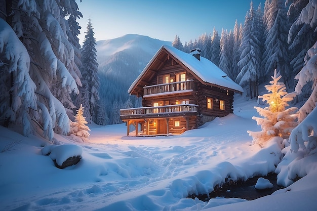 La cabane en bois de la trappe du Yukon en Alaska est entièrement éclairée la nuit de la pleine lune en hiver enneigé.