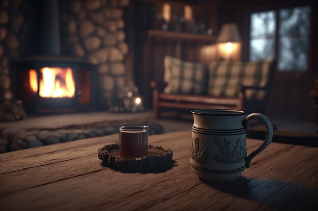 Une cabane confortable et accueillante dans les bois avec un feu brûlant et une tasse de cacao chaud à l'intérieur