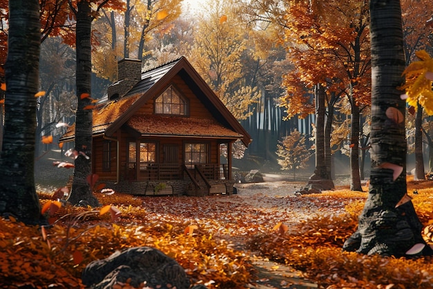 Une cabane confortable dans les bois entourée de feuilles d'automne