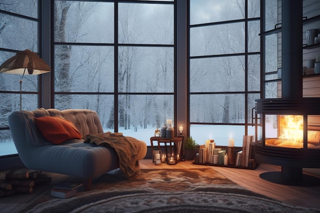 Cabane confortable dans les bois avec des intérieurs de poêle à bois la nuit