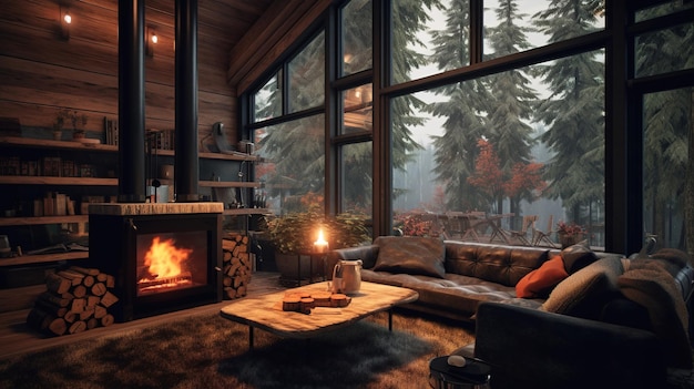 Cabane confortable dans les bois avec des intérieurs de poêle à bois la nuit