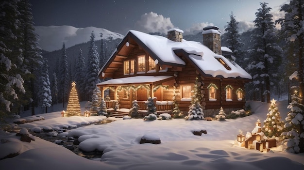 cabane confortable dans les bois avec un paysage enneigé images d'arrière-plans de Noël
