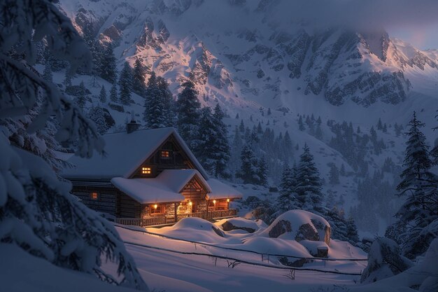 Une cabane confortable dans les montagnes entourée de neige
