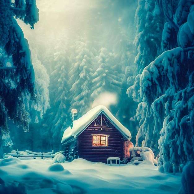 une cabane confortable dans un paysage cinématographique hivernal