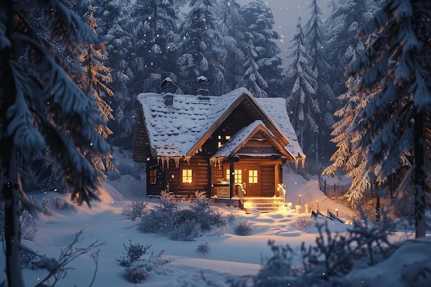 Une cabane confortable entourée d'arbres recouverts de neige