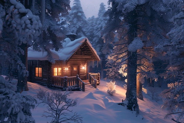 Une cabane confortable nichée dans les bois enneigés