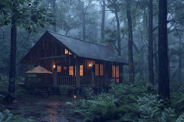 Une cabane confortable nichée dans les bois pendant une pluie