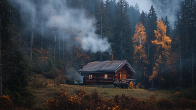 Une cabane confortable nichée dans une forêt dégagant de la fumée s'enroulant lentement de sa cheminée dans l'air frais.
