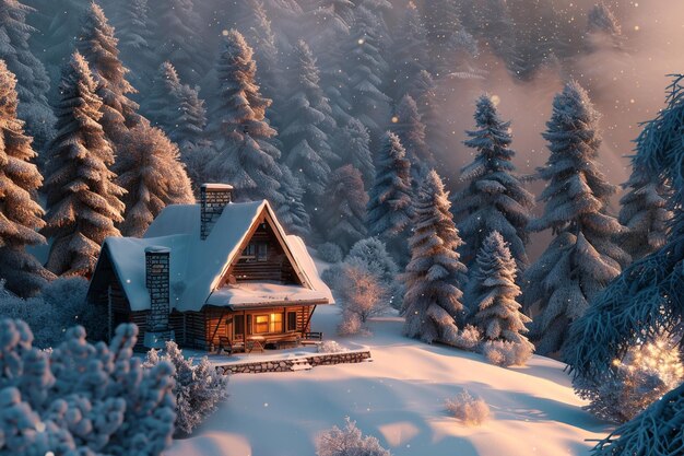 Une cabane confortable nichée dans une forêt enneigée