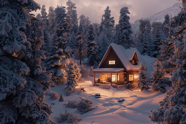 Une cabane confortable nichée dans une forêt enneigée