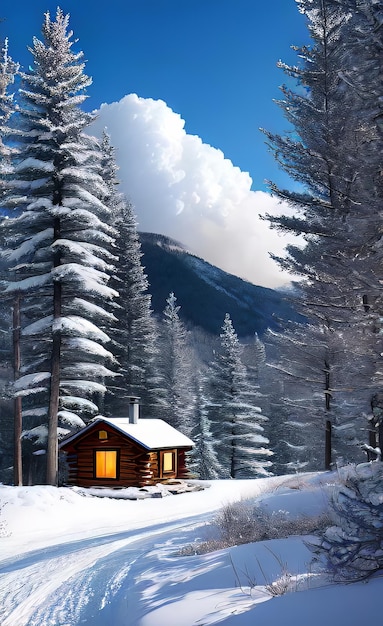 Une cabane confortable nichée dans les montagnes, la fumée s'élevant, entourée d'un pays des merveilles hivernales